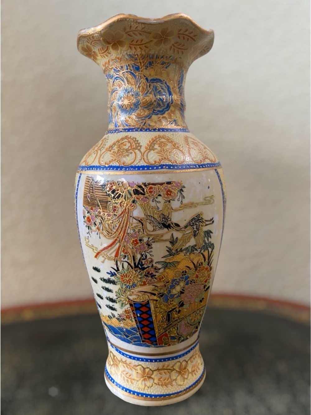 Vtg Asian Satsuma Ware Style Porcelain Cloisonné Ruffled Top Vase HandPainted